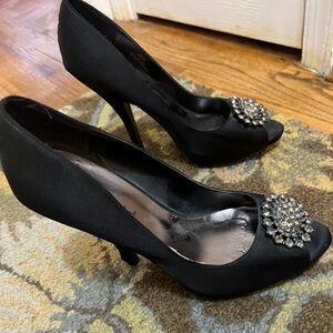Size 10 black high heels with bejeweled toe piece